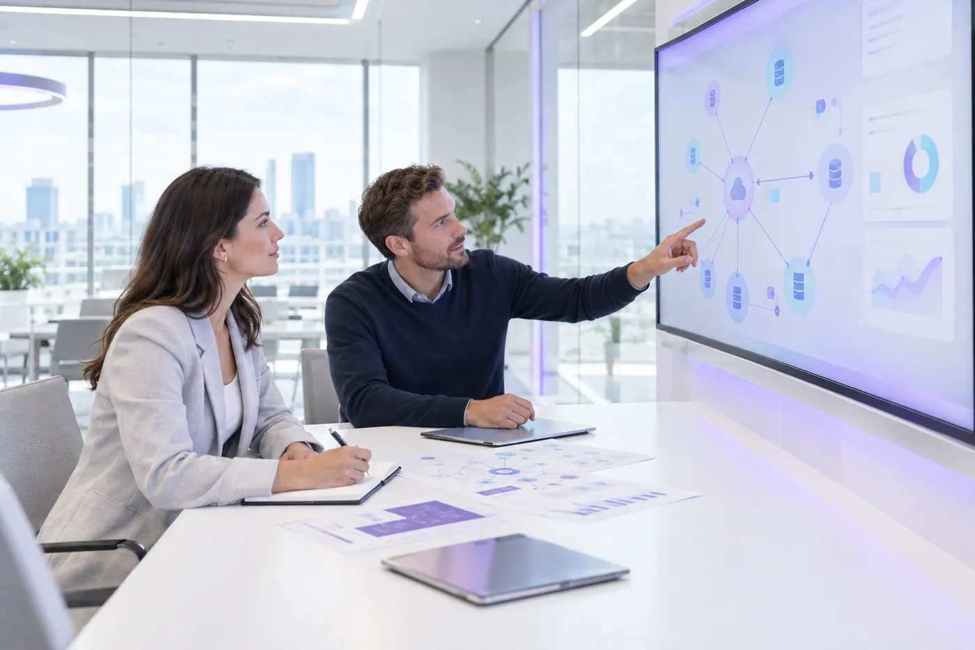 Dos consultores revisando un diagrama de red en una pantalla táctil