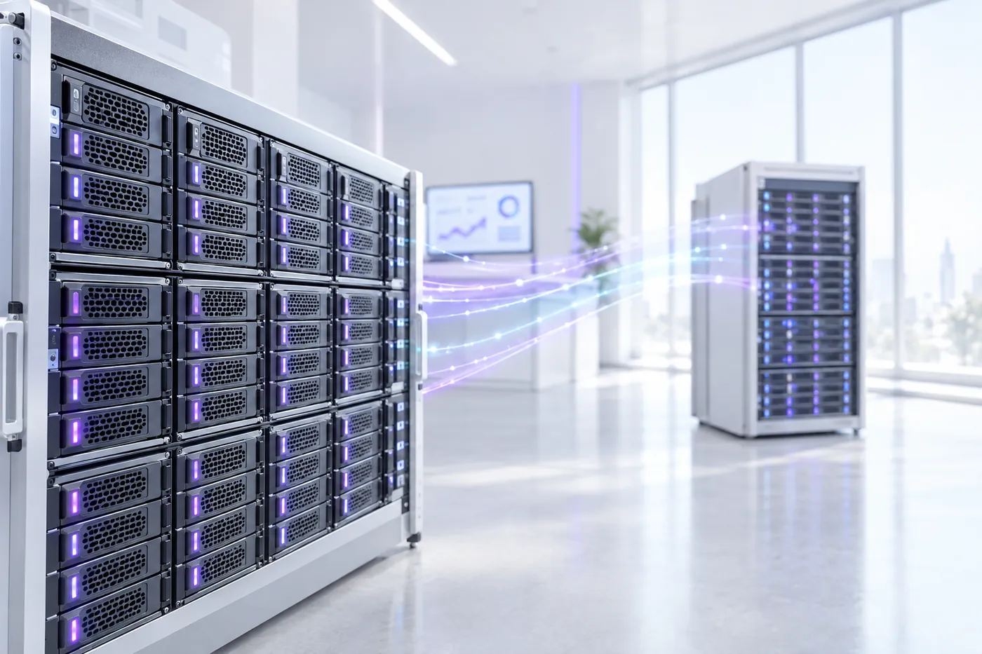 Arreglo de almacenamiento con bahías de discos y replicación hacia un segundo rack