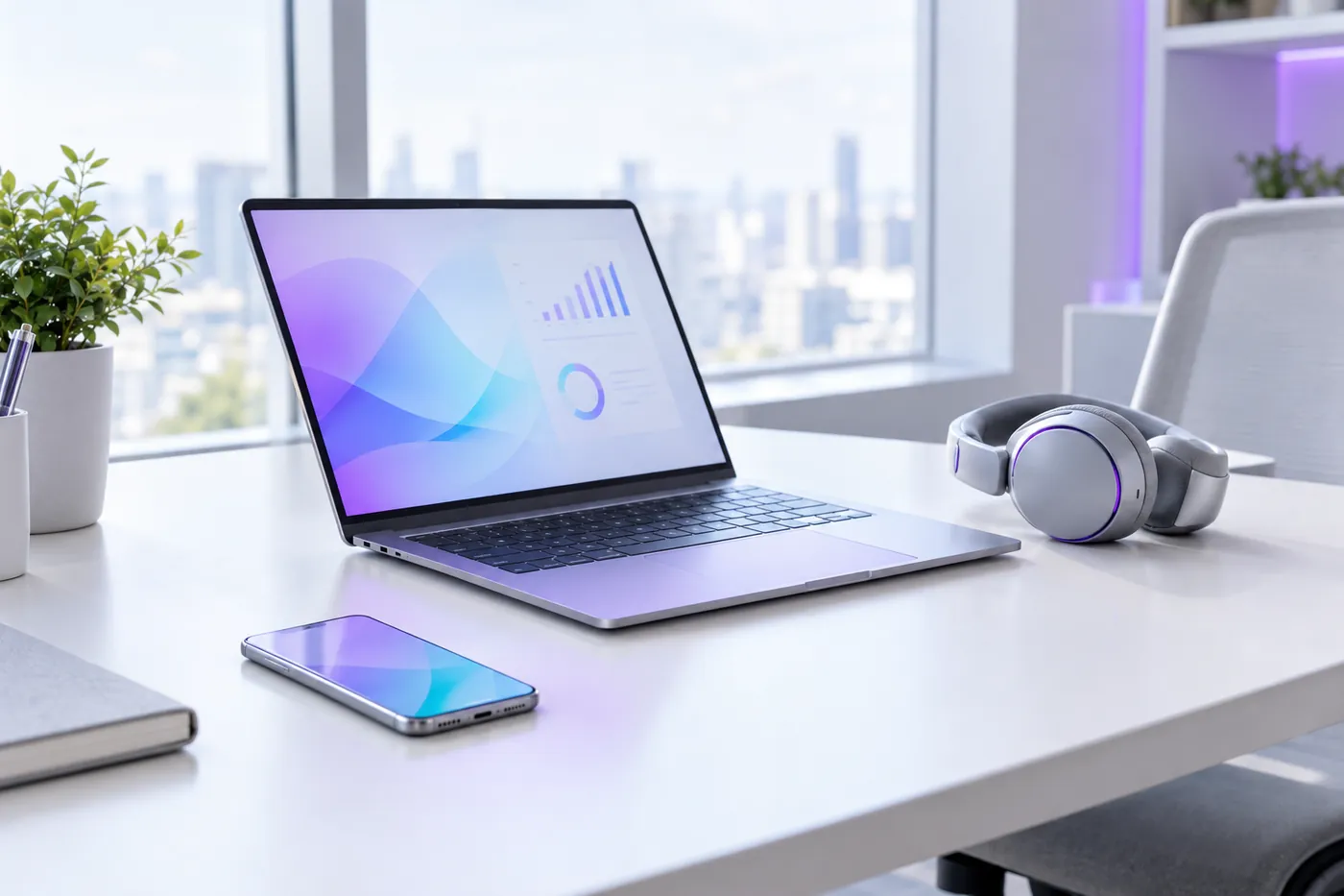 Escritorio de trabajo con notebook, teléfono y auriculares