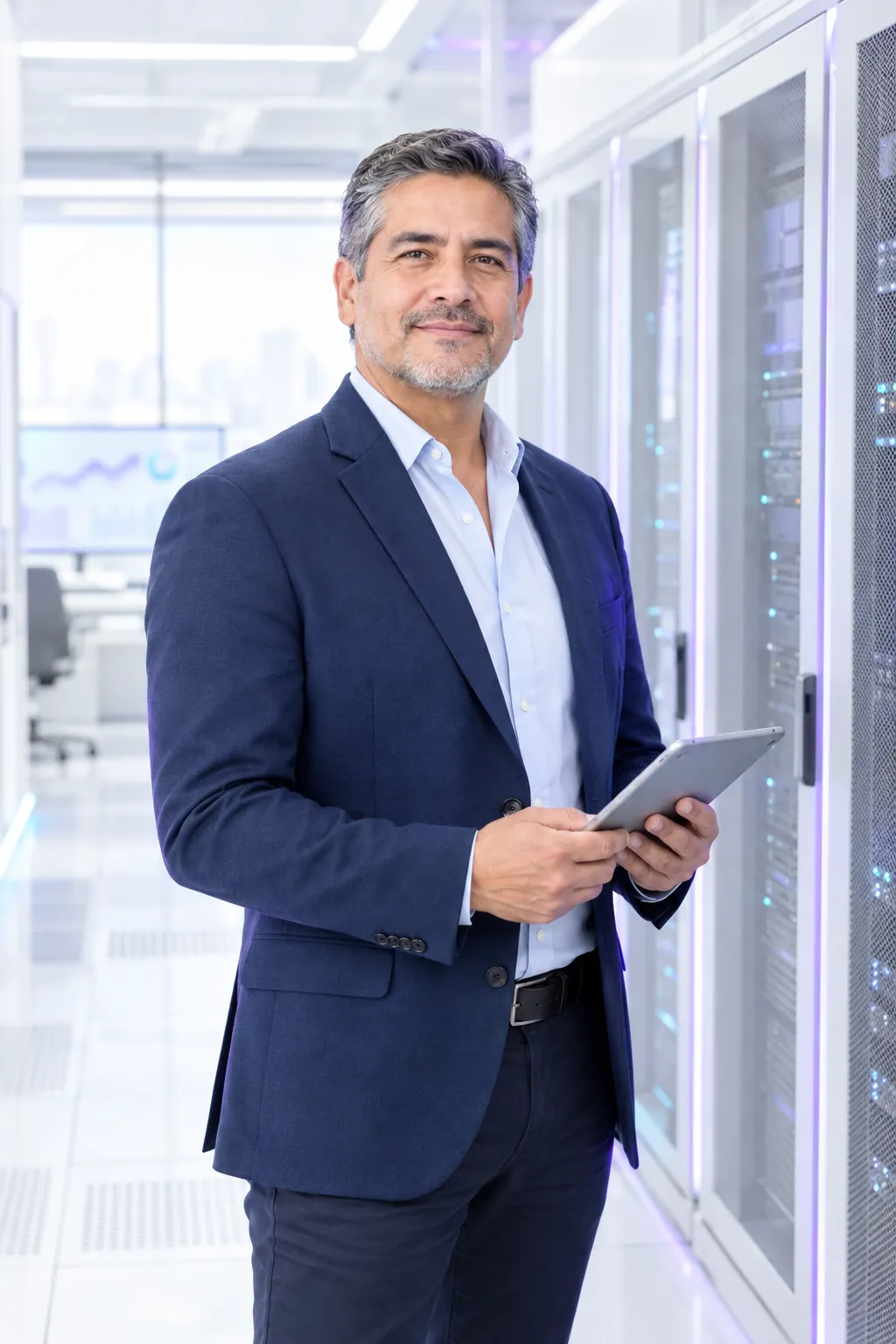 Consultor de tecnología en un pasillo de centro de datos