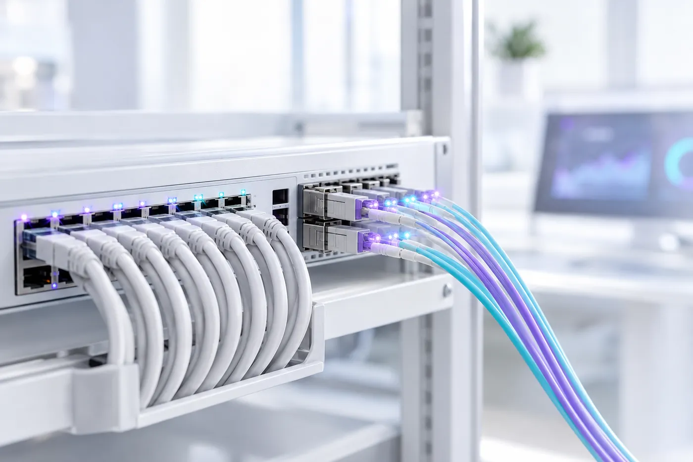 Switch de red con cables de cobre y fibra óptica ordenados